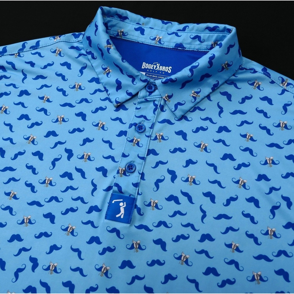 Bogey Bros Golf Mens XL Blue Mustache Ride Saddle Print Performance Polo Shirt